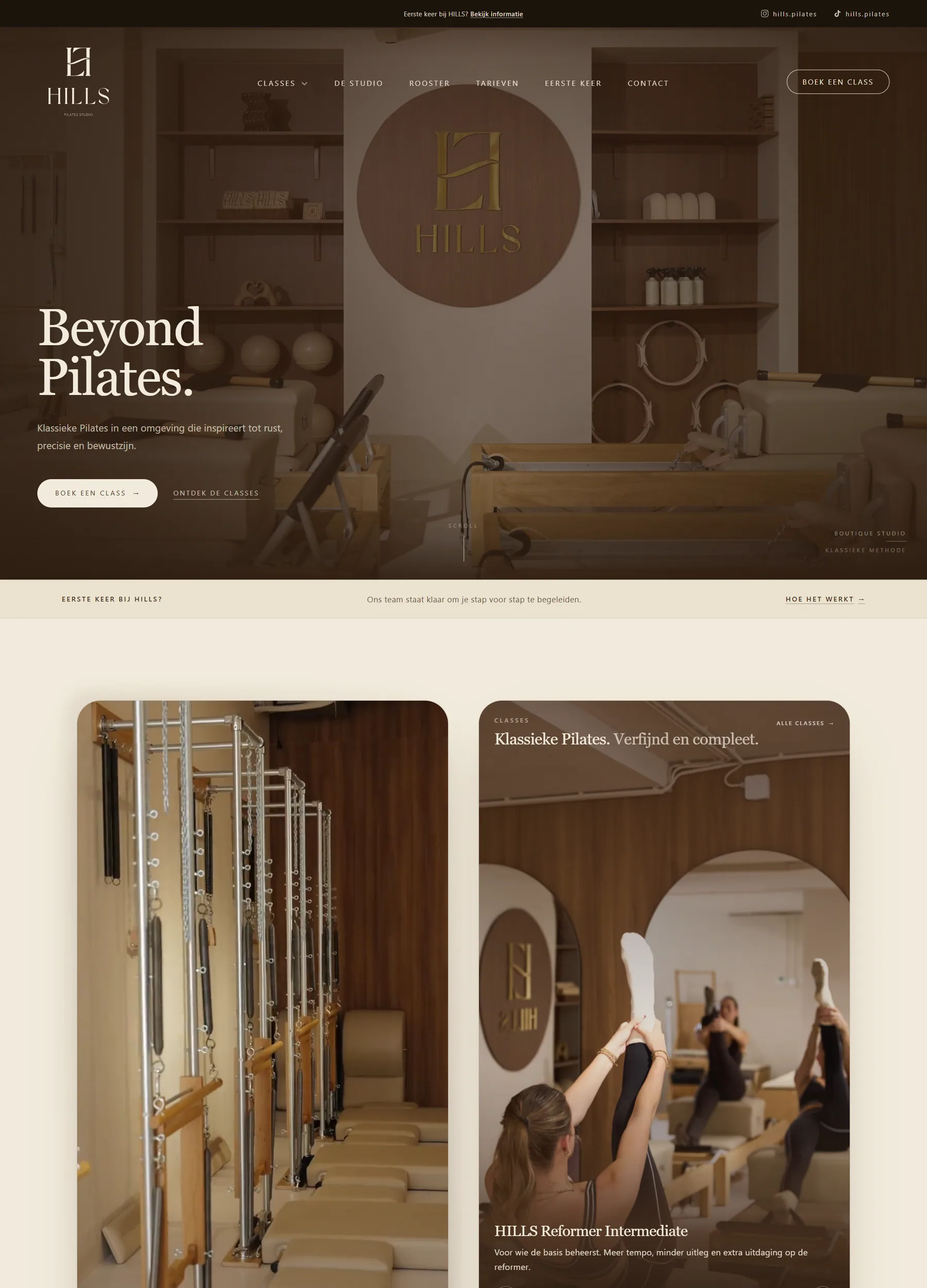 De website van Hills Pilates op een computerscherm