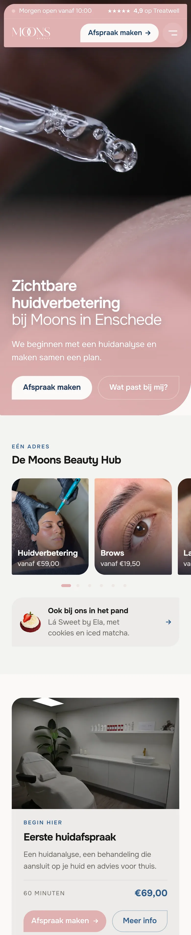 De website van Moons Beauty op een telefoon
