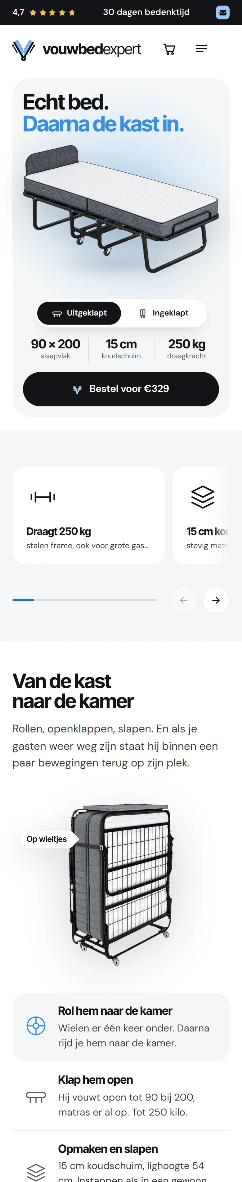 De website van Vouwbedexpert op een telefoon